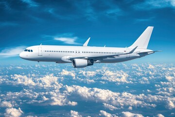 Obraz premium Airplane flying in the sky - travel background with flying airplane with blank livery with generative ai