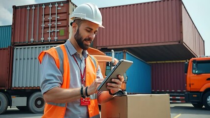 Worker Using a Tablet in Front of Cargo Containers at a Shipping Port