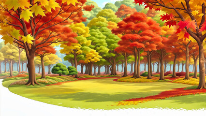 紅葉の森と公園、白い雲と青い空