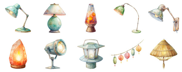 Lamps and light fixtures including desk, lava, salt and string lights, in soft pastel shades, watercolor illustration set. Elements in soft pastel colors isolated on transparent background