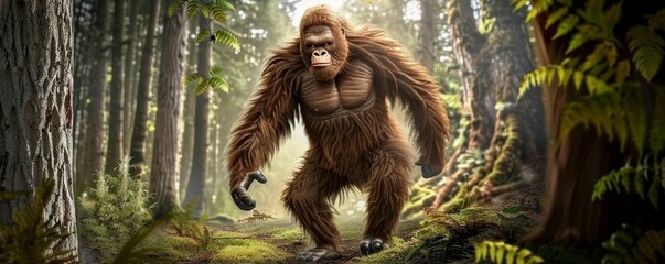 Obraz premium The Mighty Gorilla in the Forest, 3D Render, Fantasy Creature, Forest, Jungle