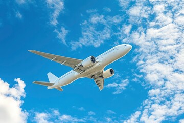 Obraz premium Airplane flying in the sky - travel background with flying airplane with blank livery with generative ai