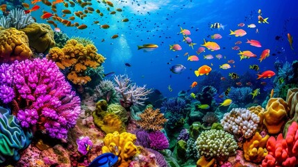 Obraz premium Vibrant Coral Reef with Colorful Fish, Wide Angle Perspective, Undersea Landscape, Ocean Life, Coral, Fish, Reef