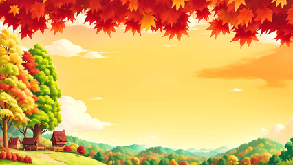 紅葉の森と公園とコテージ、夕暮れ