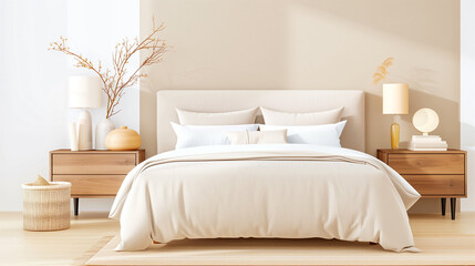 Modern bedroom interior design with cozy bedding and stylish decor for a serene atmosphere