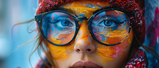 Obraz premium Close-up of a woman with artistic colorful face paint and glasses, wearing winter clothing, capturing a vibrant contrast in cold weather.