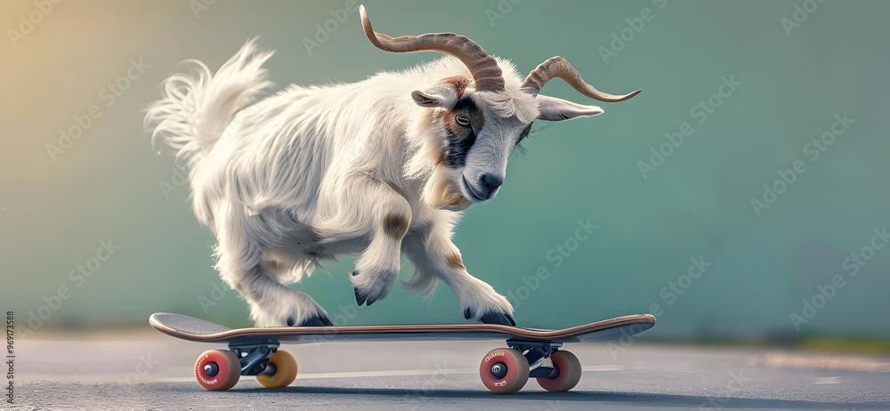 Poster Goat riding skateboard. 