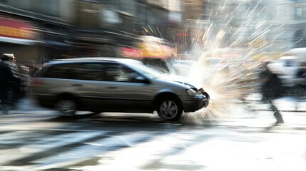 Fototapeta premium Abstract Motion Blur of Car Driving Through City Street