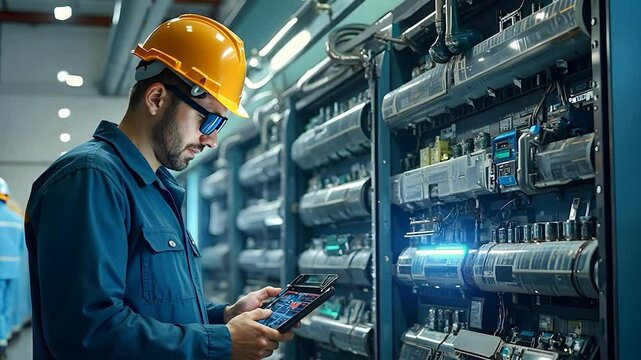 Technician Inspecting Electrical Equipment in a Data Center