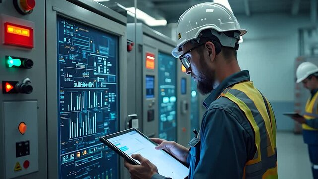 Engineer Monitoring Data on Tablet in Front of Control Panel in a Data Center