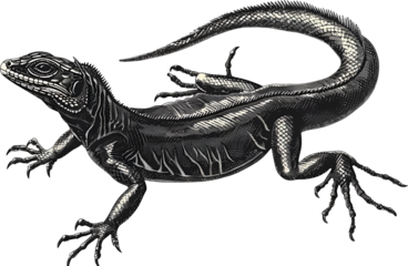 A black lizard is laying on a white background