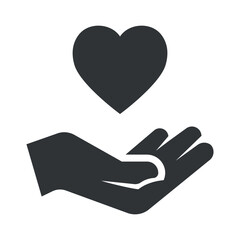 Donation icon featuring a hand offering support with a heart floating above, symbolizing generosity and giving back for community benefit