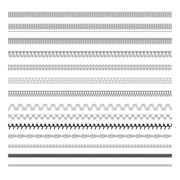A collection of sewing and embroidery stitching elements for decorating clothes including decorative lines such as overlock, interlock, zigzag, loop, double needle, cover edge, and seam.
