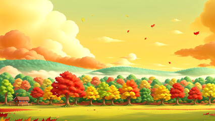 紅葉の森と公園とコテージ、夕暮れ