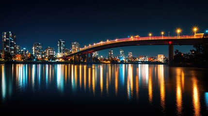 Fototapeta premium A stunning night view of a well-lit bridge arching over a river, with reflections shimmering on the water and city lights creating a vibrant scene.