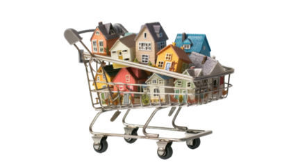 Supermarket cart full of small houses on transparent background
