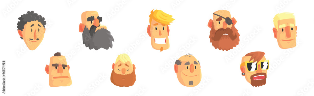 Poster People Character Avatar and Head with Different Face and Hairstyle Vector Set