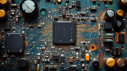 Fototapeta premium Intricate details of circuit board showcase electronic components and their connectivity features