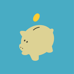 Piggy bank with coin at cyan blue background. Minimalist and flat design vector illustration.