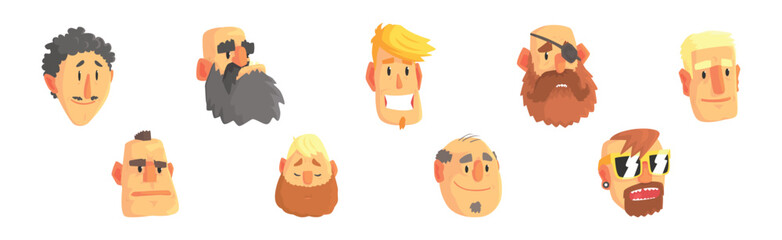 People Character Avatar and Head with Different Face and Hairstyle Vector Set