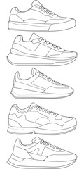 set of outline Cool Sneakers. Shoes sneaker outline drawing vector, Sneakers drawn in a sketch style, sneaker trainers template outline, Set Collection. vector Illustration.