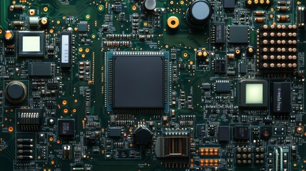 Intricate details of circuit board showcase electronic components and their connectivity features
