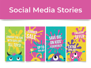 Colorful advertisements promoting a kid store s summer sale with discounts on toys and essentials for families during the seasonal shopping period