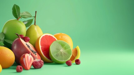 A variety of fruits, including a pear, papaya, oranges, limes, and raspberries, sit on a green background.