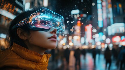 Futuristic smart glasses providing augmented reality directions: A person navigating a city using AR-enhanced smart glasses for directions.