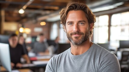 Fototapeta premium Smiling man with beard in a modern office environment with colleagues working in the background, displaying a professional and relaxed demeanor