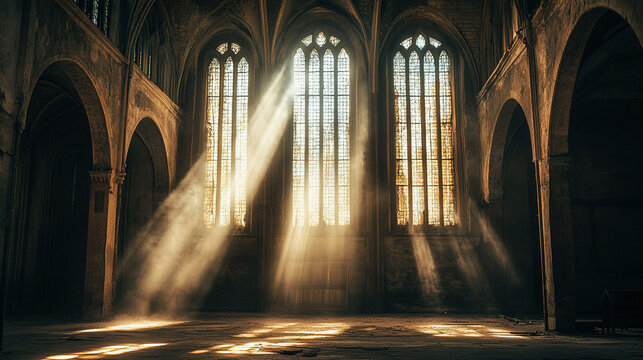 Dramatic Tyndall effect with sunlight piercing through the windows of an old cathedral, casting beams of light across the dusty interior, highlighting its ancient and mysterious atmosphere.