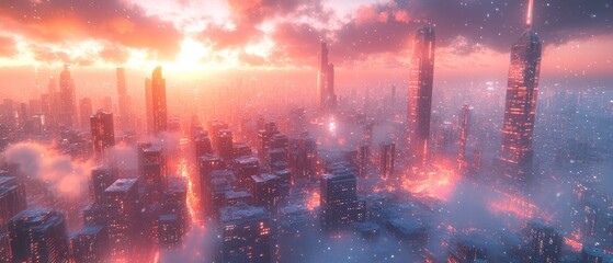 Obraz premium Futuristic Cityscape with Illuminated Buildings at Sunset