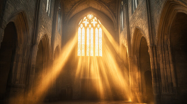 Dramatic Tyndall effect with sunlight piercing through the windows of an old cathedral, casting beams of light across the dusty interior, highlighting its ancient and mysterious atmosphere.