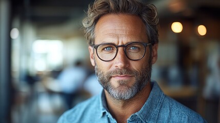 Obraz premium A professional middle-aged man with glasses and a gray beard standing confidently in a modern office setting, showcasing a poised and intelligent expression