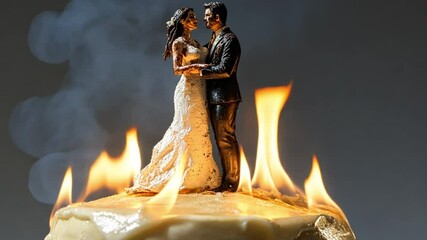 Wedding cake burning. Bride and groom figures on fire. Newlywed coupe angry, fight or getting divorced concept 4k video flames