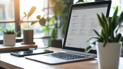 Workspace with Laptop Computer and Office Supplies on Wooden Desk