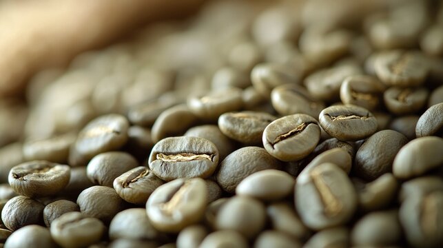 natural heap of raw green coffee beans captured in macro shot perfect for illustrating organic coffee production and agricultural quality concepts
