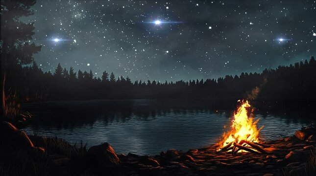 bonfire at night on the edge of Lake in the middle of the forest with a view of a sky full of stars. Virtual 4K video animation background with looping time lapse with very smooth graphics.