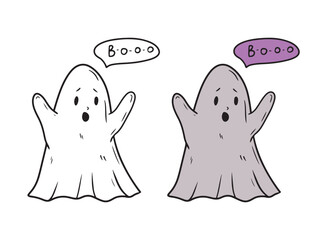 Grey ghost that scares people and shouts booo with hands rising up on white background. Hand drawn vector sketch illustration in doodle engraved vintage line art style. Happy halloween, coloring book