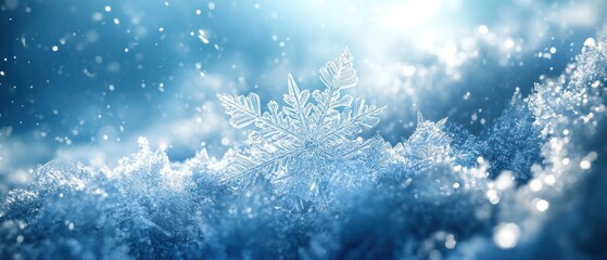 Close-up of a Single Delicate Snowflake in a Snowy Landscape