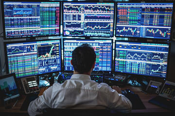A financial analyst working on a computer with real-time stocks and exchange market charts.