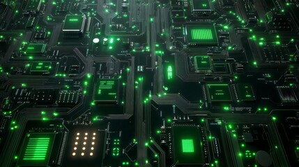 Fototapeta premium A hightech close up of a vibrant green circuit board, highlighting chips and intricate connections