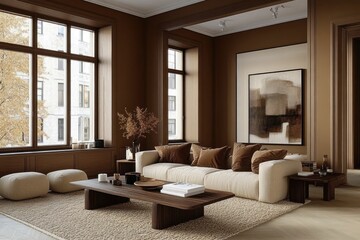 Cozy living room with modern decor and warm tones.