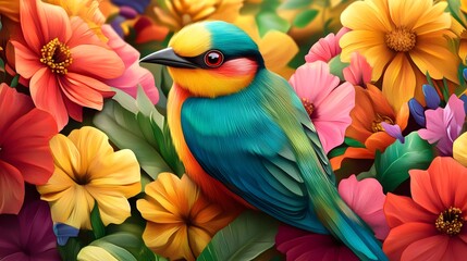 Obraz premium Colorful Bird in a Garden of Flowers