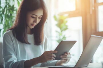 Asian business woman using digital tablet and laptop computer, working at home office. Female student studying online via tablet and laptop computer, reading e-book mobile app, with generative ai