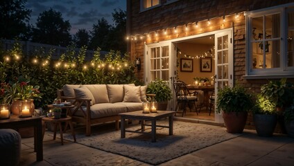 Cozy outdoor patio illuminated by fairy lights, inviting atmosphere for evening gatherings
