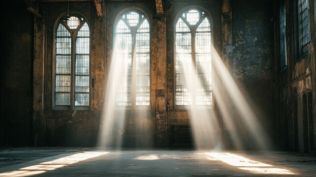 Dramatic Tyndall effect with sunlight piercing through the windows of an old cathedral, casting beams of light across the dusty interior, highlighting its ancient and mysterious atmosphere.