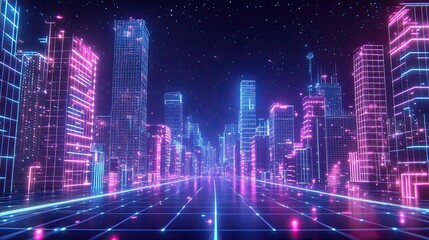 Fototapeta premium 34 34. Neon wireframe cityscape with glowing buildings and streets, set against a dark, starless night
