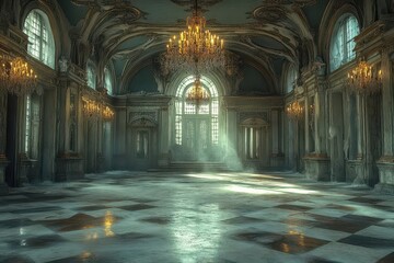 eerie abandoned ballroom frozen in time cobwebdraped chandeliers cast ghostly shadows dusty mirrors reflect phantom dancers creating spinechilling halloween atmosphere rich in gothic details