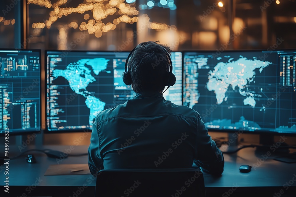 Poster a person sits at a desk with three computer monitors, facing away from the camera. the monitors disp